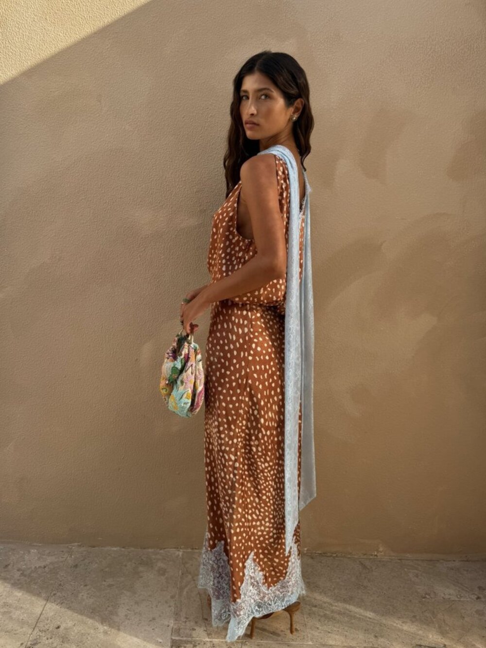Never Fully Dressed Brown Polka Dot Maxi skirt and Top with Lace Trim - Picture 2 of 4